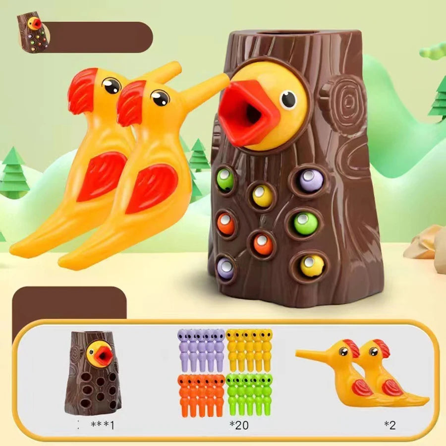 Montessori-Lernspielzeug für Kinder, Specht, Würmer fangen, Spielzeug für Kleinkinder, magnetische Spiele für die Entwicklung von Babi, Beschäftigt-Brett