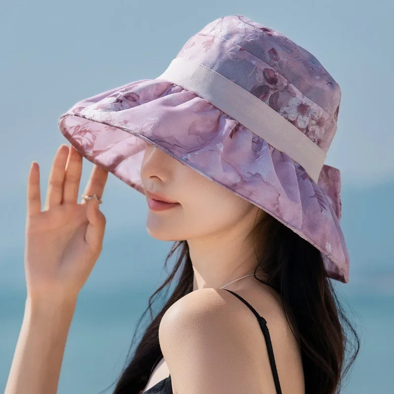 Women's Summer Hat Flower Bucket Hat Sunshade Beach Sunhat Korean style Elegant Breathable Sun Hat Foldable New