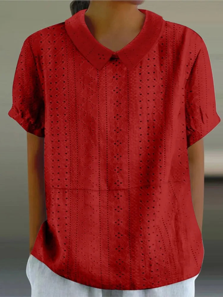 Elegant Hollow Turn-Down Collar Blouse Shirt Top Button Short Sleeve Women Blouse Casual Summer Fashion Female Tops