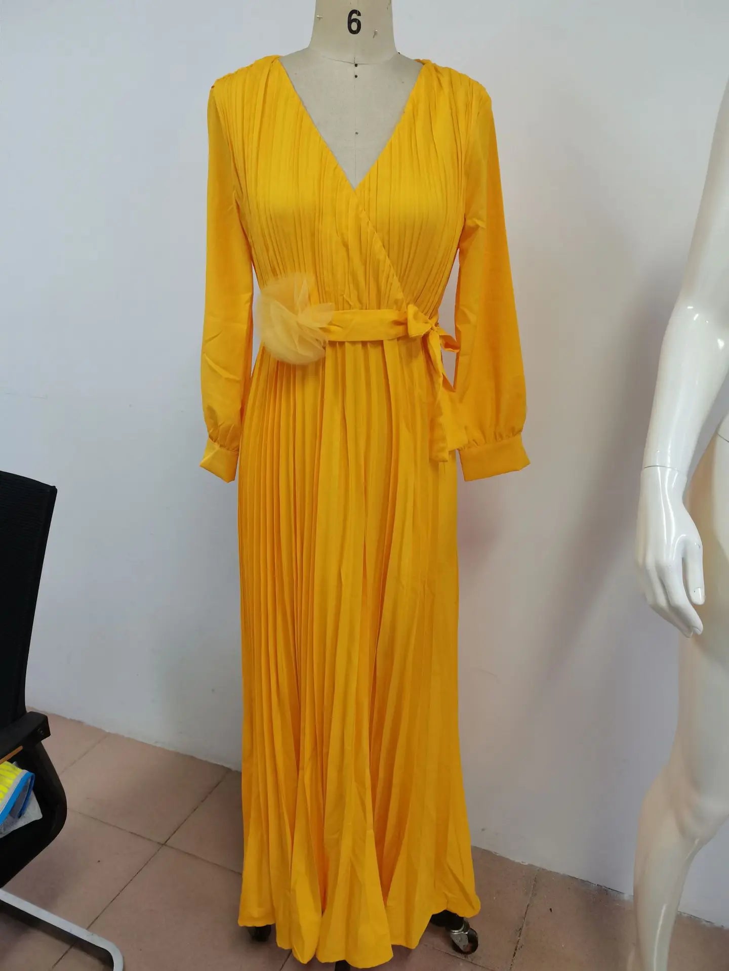 Women Plus Size Lantern Long Sleeve Long Dress Fashion Elegant Solid Color V Neck Belt High Waist Ruched Evening Birthday Party
