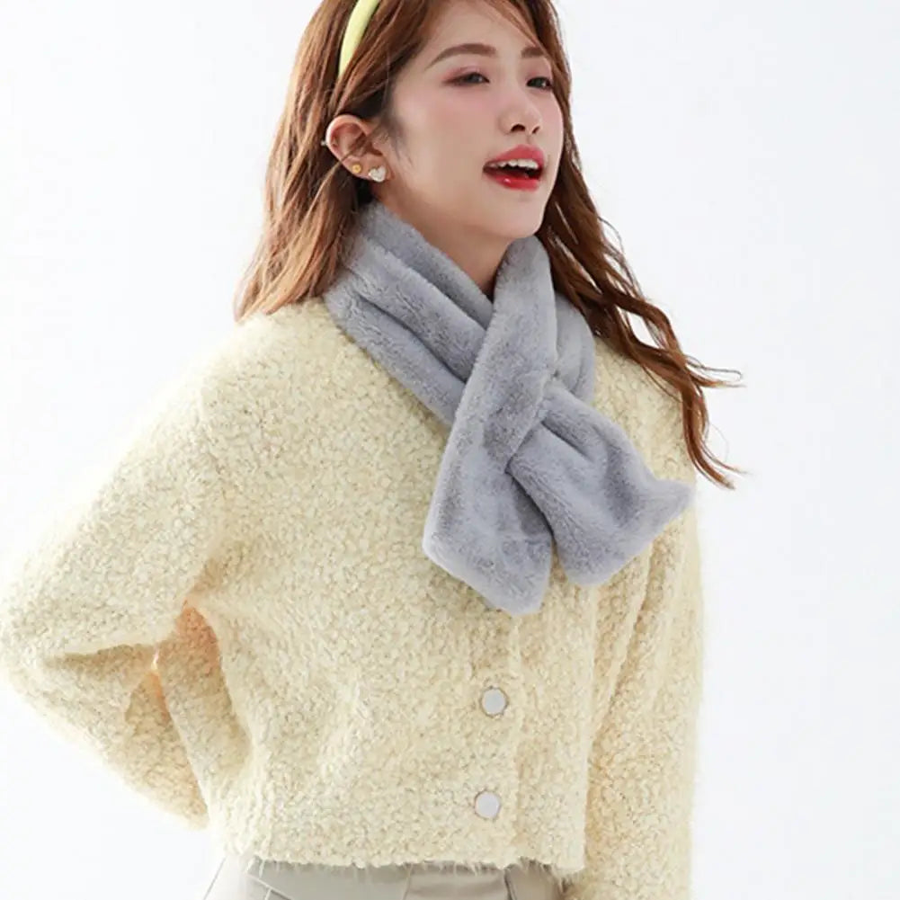Women Winter Faux Rabbit Fur Cross Collar Solid Color Thickened Neck Warmer Scarf Collar Plush Shawl Scarf Clothes Accessories