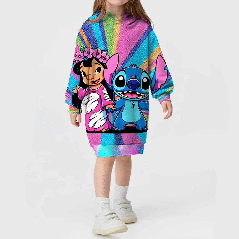 2024 Autumn and Winter Sweater Dress Christmas Disney Stitch Print Hoodie Dress Baby Girl Cute Fashion Hoodie Dress