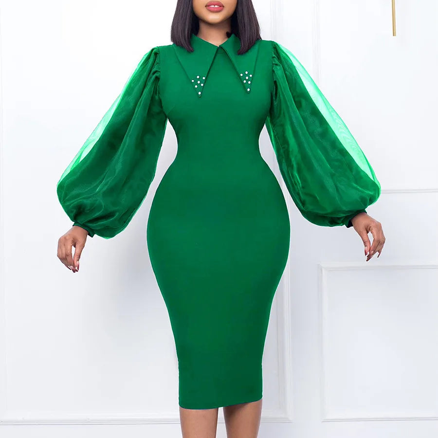 FairyShely 2025 Spring Autumn Solid Plus Size Dress Women Lantern Long Sleeve Large Big Dresses Lady Party Tight Curvy Dress