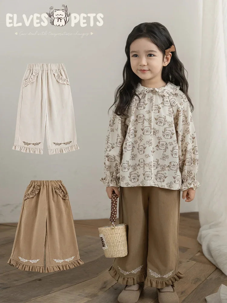 Girls' Two-color Embroidered Straight Leg Pants Autumn Playful Cute Lace Pockets Casual Pants Trendy