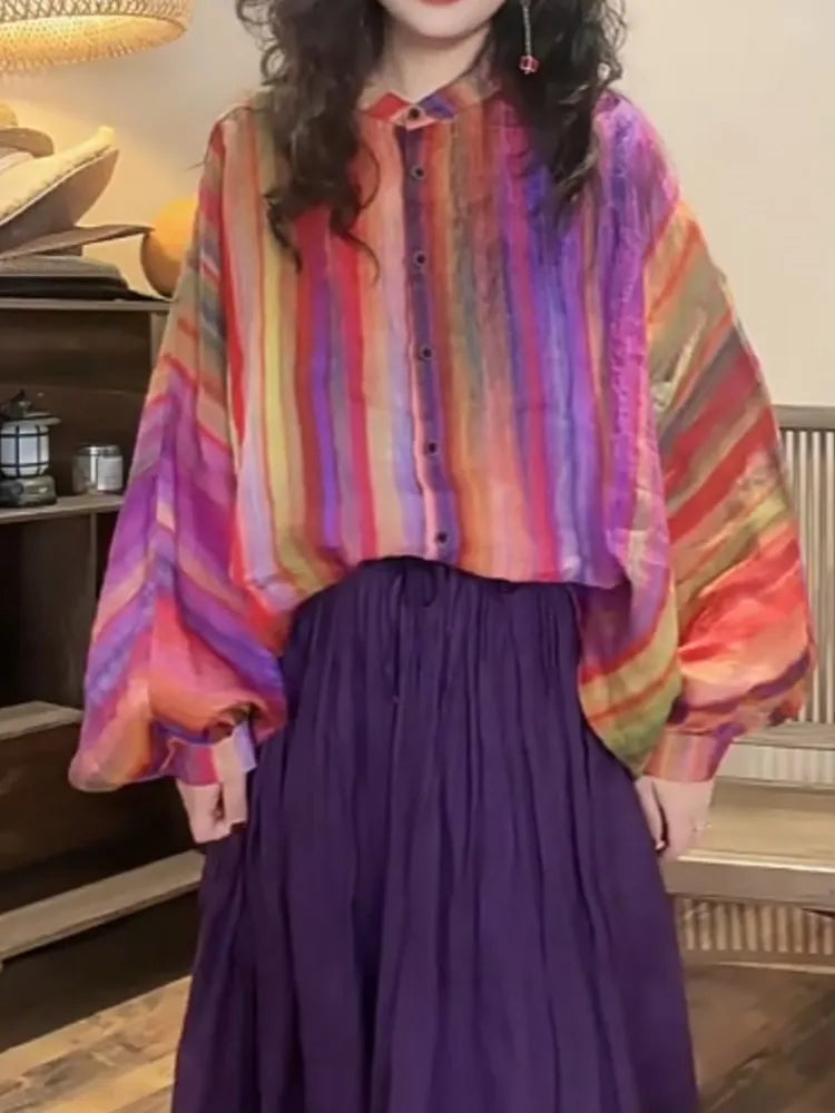 Oversized Summer 2 Two Piece Set Women Striped Print Casual Long Sleeve Ladies Shirt Elastic Waist Modis Ruffle Woman Long Skirt