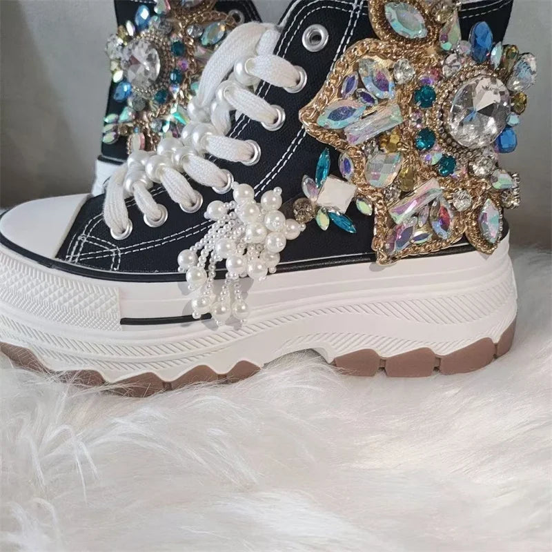 Thick sole high top nailed bead rhinestone fringed gem canvas shoes hand-customized black lace-up women's casual sneakers 35-40