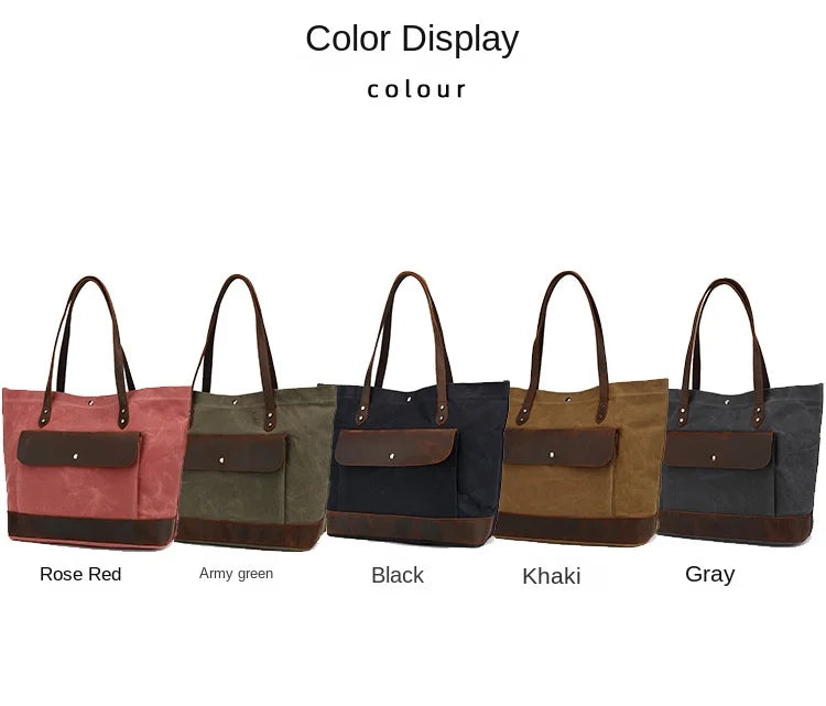 Casual Oil Wax Canvas With Genuine Leather Women's Handbag Waterproof Tote Bag Shoulder Messenger Shopping Bag Storage Bags
