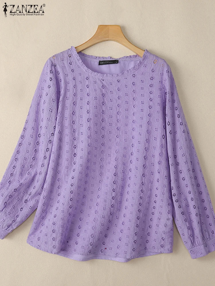 ZANZEA Women Hollow Embroidery Tops 2025 Spring Solid Blouse Vintage 3/4 Sleeve Cotton Blusas Female Daily Wear Clothes Oversize