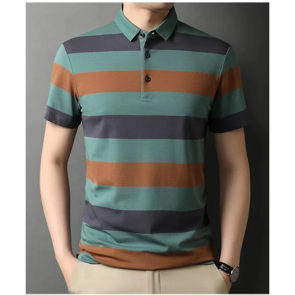 Men's Polo Shirts Korea Man Golf Shirts Summer Striped Print Button Clothing Business Style Male Streetwear Short Sleeve T-Shirt