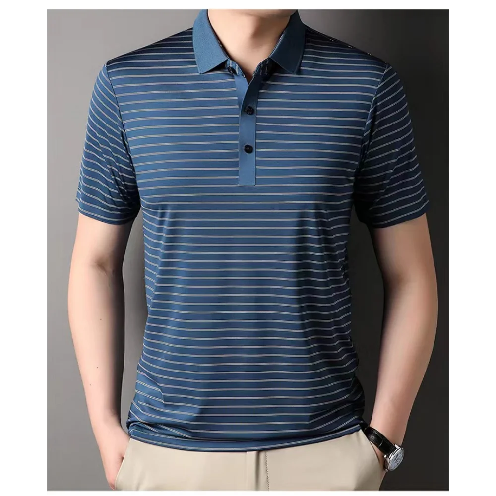 Men's Polo Shirts Korea Man Golf Shirts Summer Striped Print Button Clothing Business Style Male Streetwear Short Sleeve T-Shirt