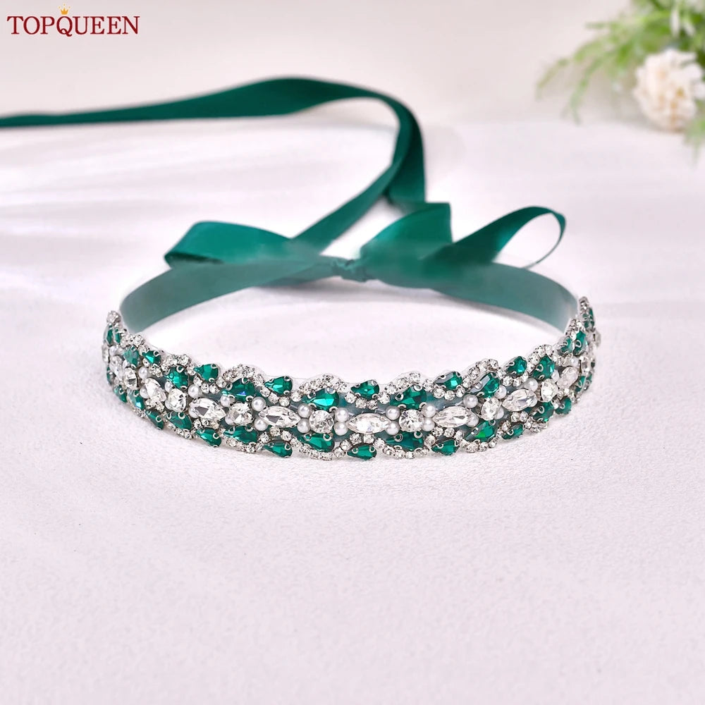TOPQUEEN Luxury New Bridal Belt Wedding Supplies Dinner Dress Waist Decoration Green Bridesmaid Sash Accessories S466-D