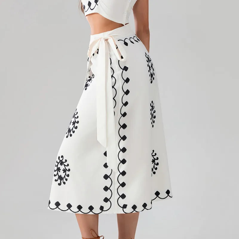 WPNAKS Women Elegant 2 Piece Skirt Sets Office Ladies Summer Clothes Chic Short Sleeve Boho Pattern Tops Long Skinny Skirt