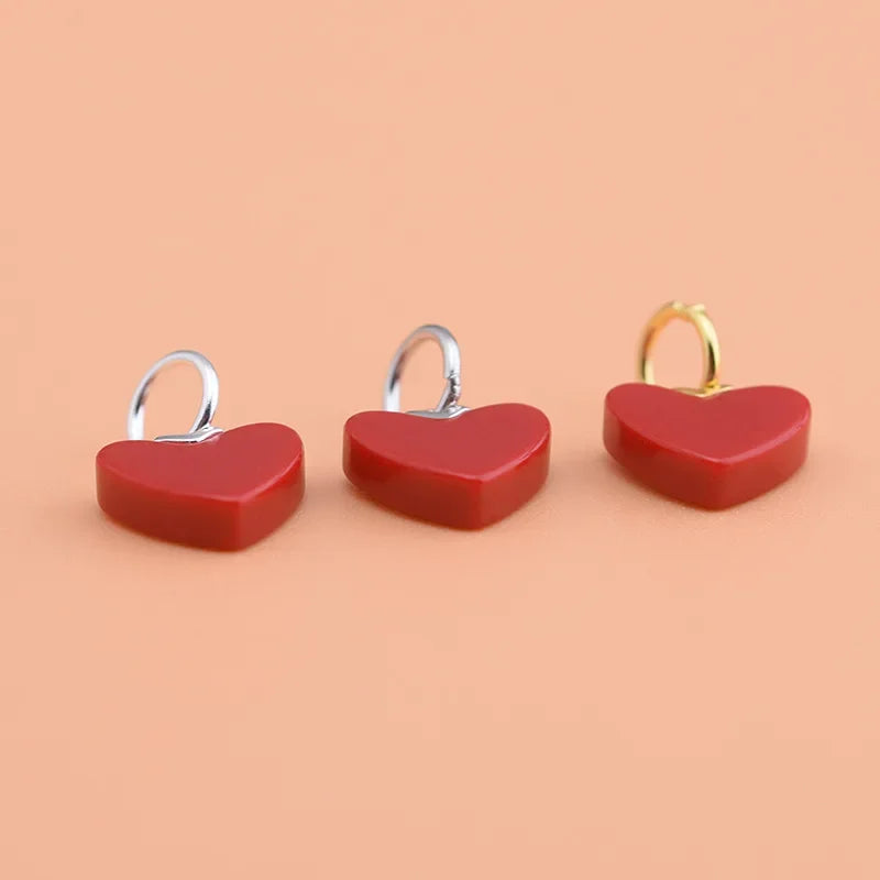 TrustDavis Fashion S925 Sterling Silver Sweet Romantic Red Heart Charms For Bracelet Or Necklace DIY Accessories Jewelry HY032