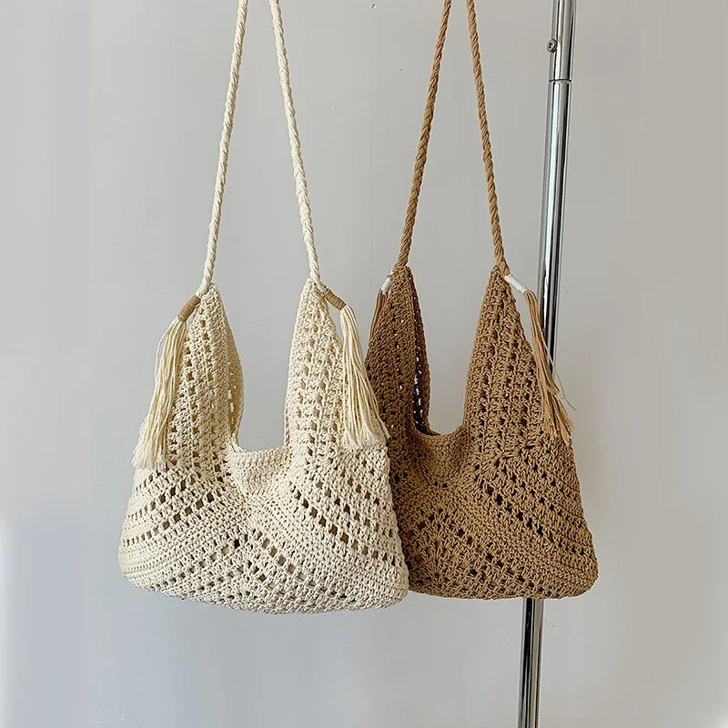 Women Crochet Tote Bag Fashion Knitted Bag Large Capacity Hollow Out Bag Solid Color Tassels Woven Shoulder Beach Tote 2024