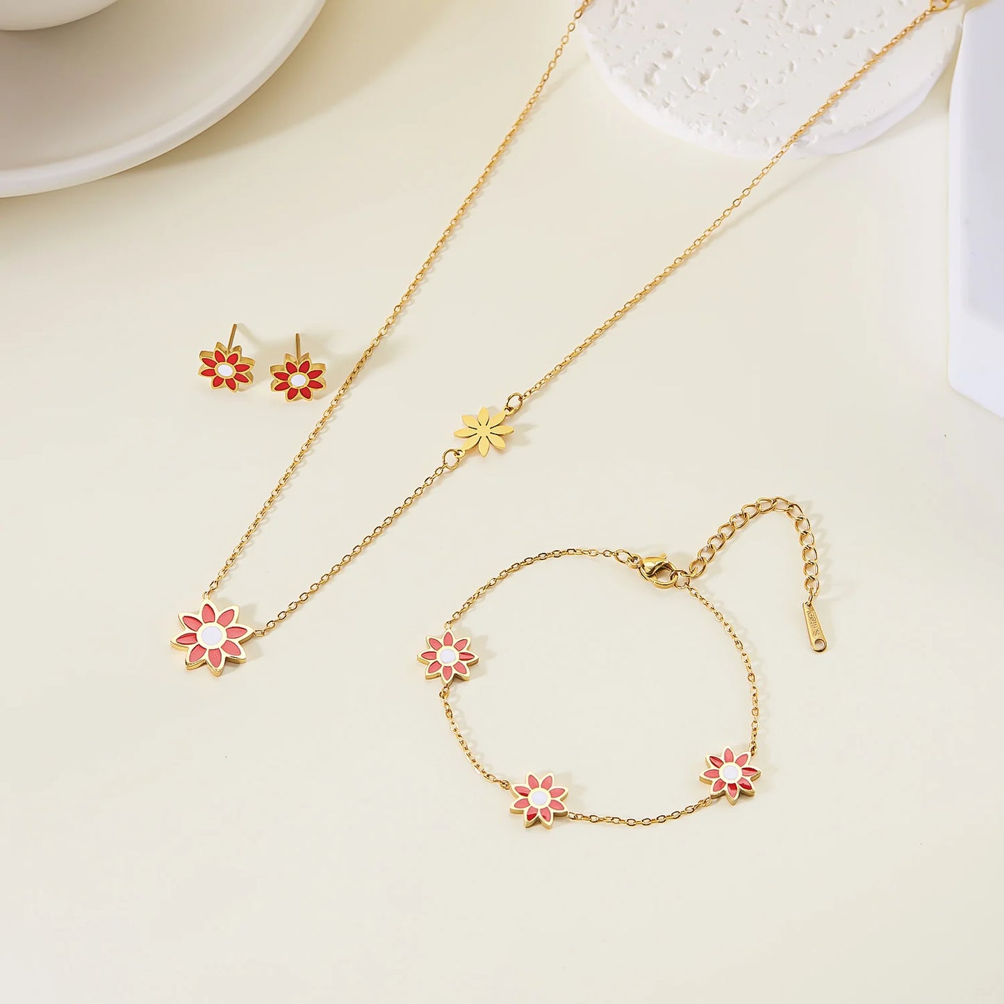 Stainless Steel Enamel Flower Necklace Bracelet Earrings For Women Boho Colorful Daisy Pendant Y2K Accessories Fashion Jewelry