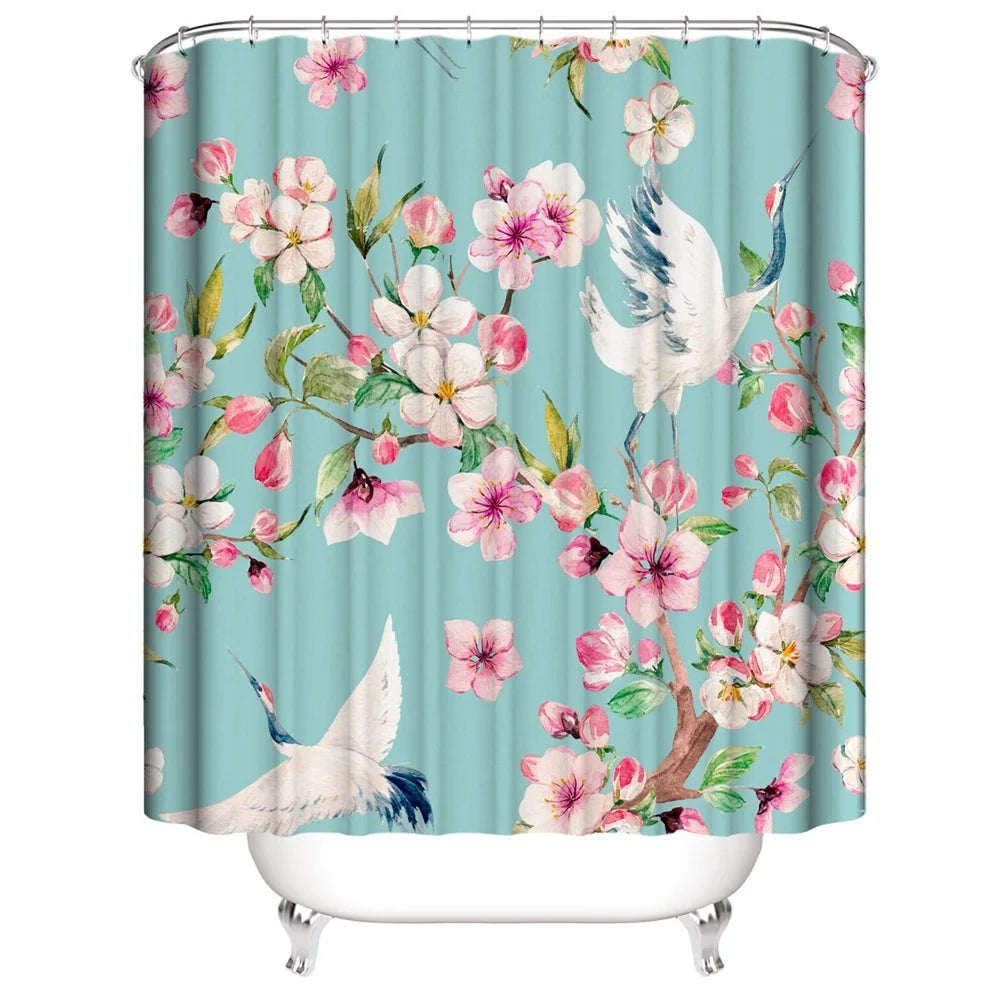 Japanese Cherry Blossom Shower Curtain Set Non-Slip Rug Toilet Lid Cover Bath Mat Spring Sakura Flower Pastoral Bathroom Curtain