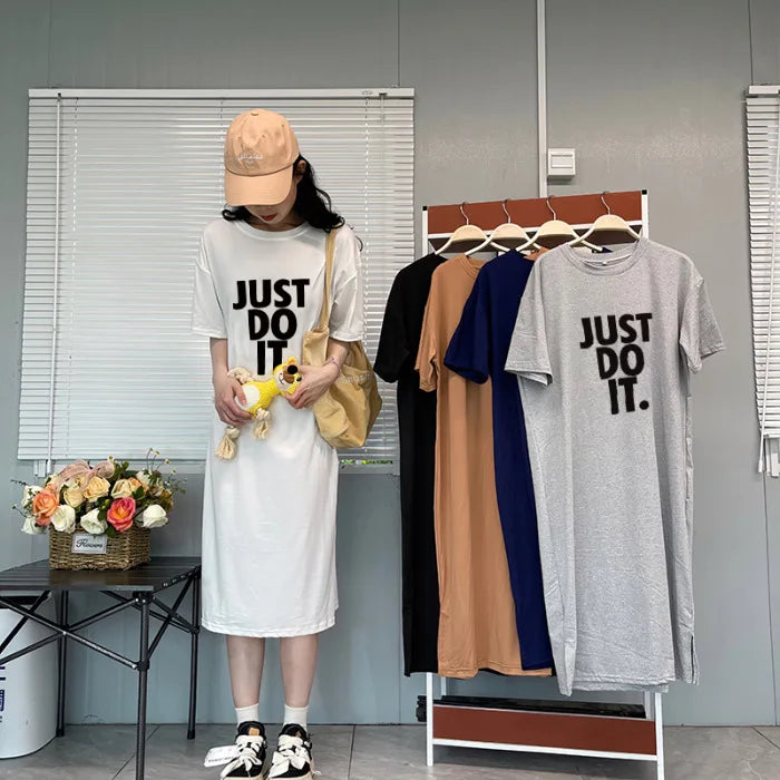 Korean version short sleeved t-shirt dress summer clothing fashionable and minimalist long dress casual knee length dress D42B