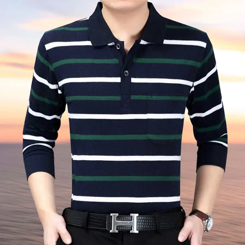 Spring Summer T Shirt for Men Cotton V-Neck Long Sleeve Pockets Comfortable Casual Striped Pullover Formal Clothes