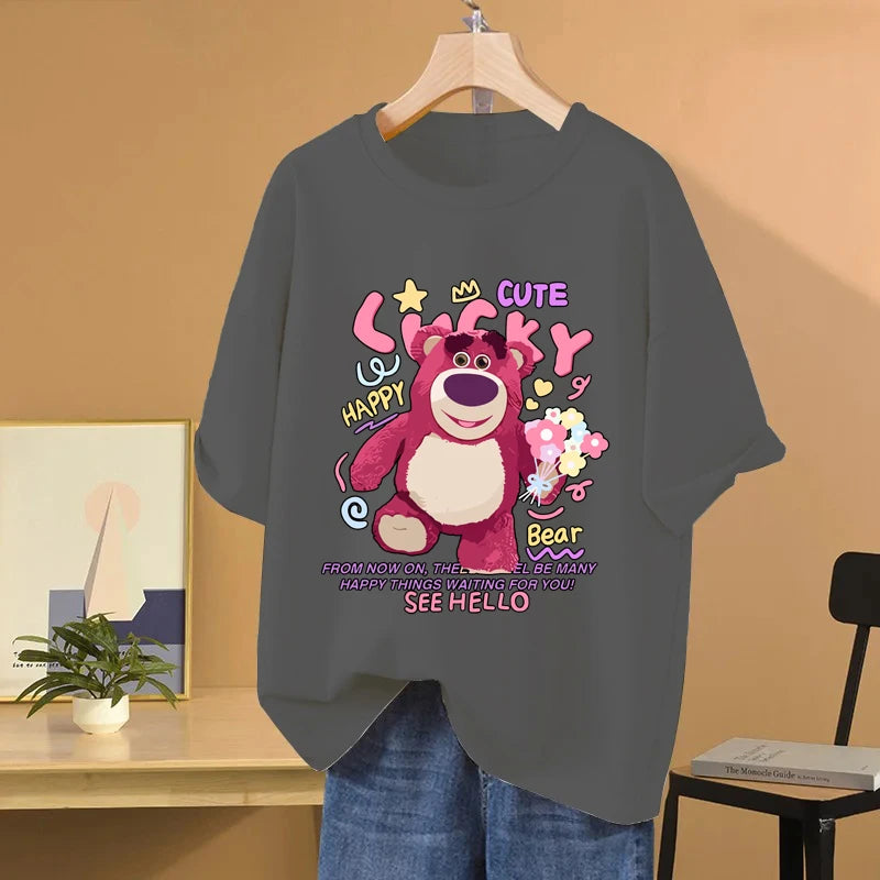 Lotso Bear Cartoon Anime Women T-shirt Summer Short Sleeve Men Tee Shirts 100% Cotton 2025 New Fashion Couple Clothes Tops