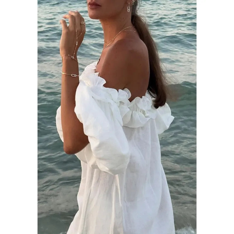 2025 Summer Cotton Linen Women Dress Long White Off The Shoulder Side Split Dresses Female Elegant Casual Trendy Ladies Clothes