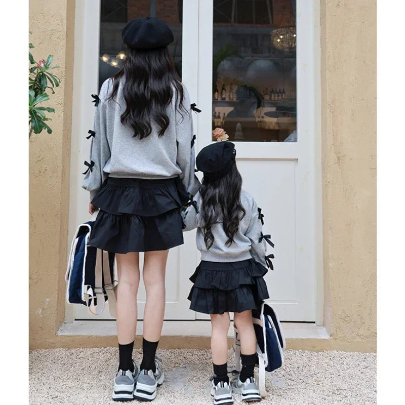 2025 Mommy and Me Matching Clothes Family Sweatshirt Mother Daughter Equal Clothes Children Bow Tops Spring Girl Baby Clothing
