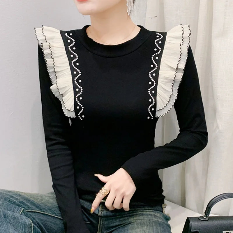 2025 New European Clothes Women Cotton T-shirt Chic O-Neck Patchwork Ruffles Diamonds Beading Tops Spring Long Sleeve Tees