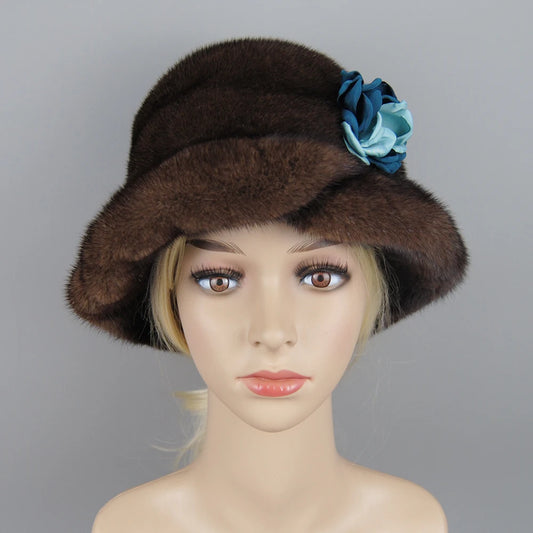 2024 Warm Woman Hat Winter Solid Mink Caps With Flower Natural Mink Fur Hats New Russian Girl Soft Knitting Real Fur Bucket Hats