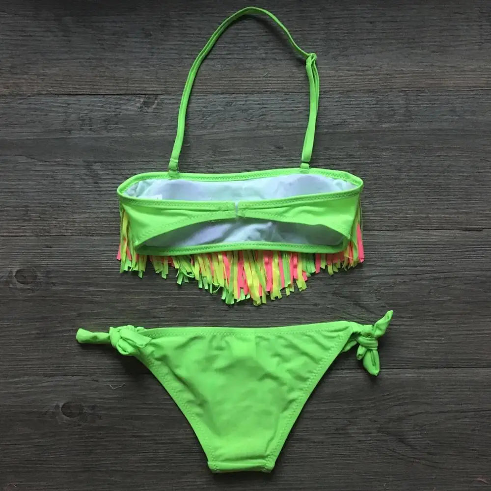 Solid Tassel Girls Bikinis 2023 Kids Swimwear Swimsuit Summer Beach Children Bandage Biquinis 5-12 Years Teens Baby Bathing Suit