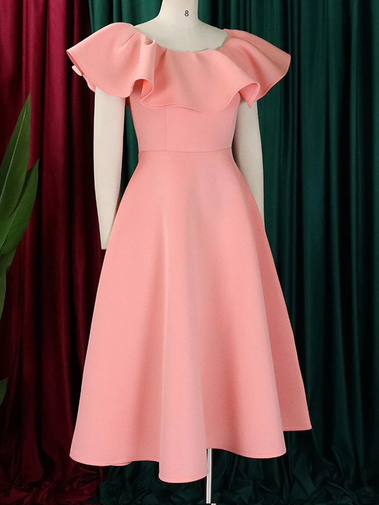 FairyShely 2025 Ruffle Short Sleeve Plus Size Dress Women Solid Large Big Ball Gown Dresses Lady Summer Party Tight Curvy Dress