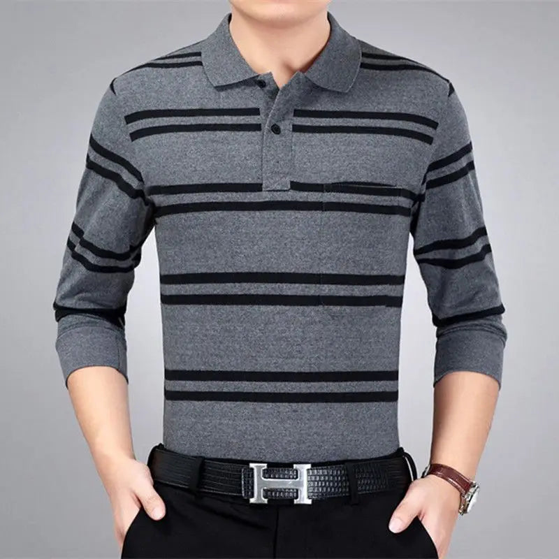 Spring Summer T Shirt for Men Cotton V-Neck Long Sleeve Pockets Comfortable Casual Striped Pullover Formal Clothes