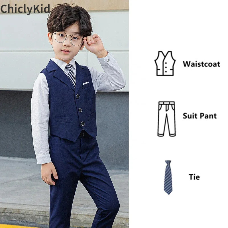 Boy Plaid Vest Blazer Kids Waistcoat Wedding Clothes Set Toddler Formal Dress Suit Child Brooch Shirt Pant Baby Gentlemen Outfit