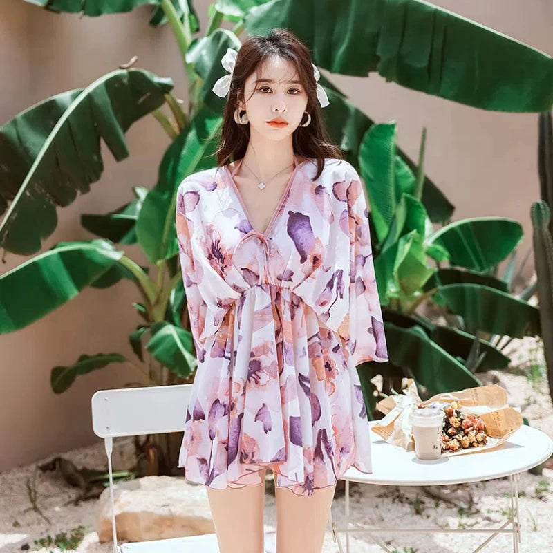 New Matching Swimsuits for Couples Three-Piece Swimwear with Ruffle Beach Cover Ups Print Swim Trunks Shorts Men Bathing Suits