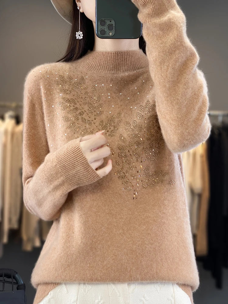 Autumn and Winter New Line ready to wear Knitted Half High Collar Leaf Diamond Women's Solid Color Simple Fashion Sweater