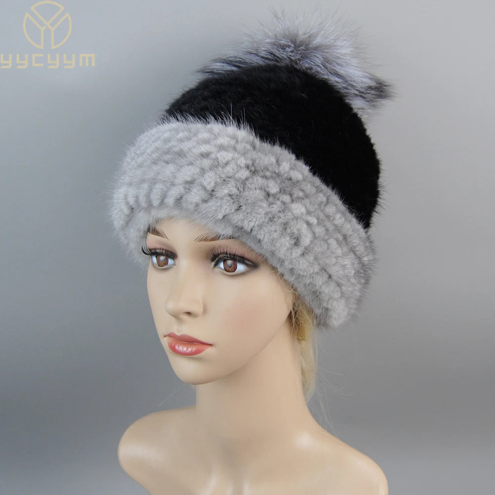 Real Mink Fur Hat For Winter Women Imported Knitted Mink Cap With Fox Fur New Hot Sale High Quality Women Beanies Hat