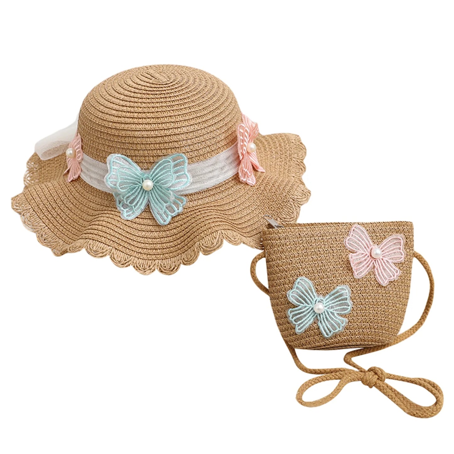 2pcs Set Girls Summer Straw Sun Hat Kids Summer Protection Wide Brim Reversible Bow Hats with Crossbody Bag Outdoor Acceessories