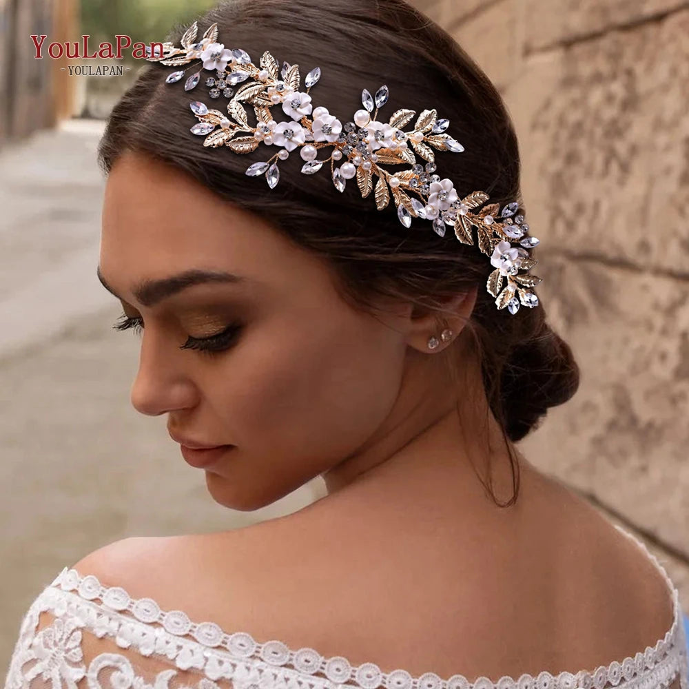 YouLaPan Gold Floral Wedding Hair Comb Bridal Crystal Pearls Headpiece Hair Accessories Bride Jewelry Women Hair Clips HP368
