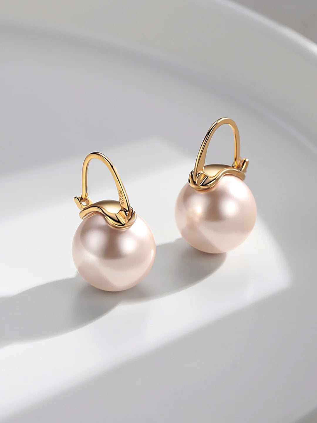 VOBIPY 925 Sterling Silver Earring Pink Color Pearl Earring For Women Wedding Party Gift Fashion Jewelry 12-14mm Shell Pearl