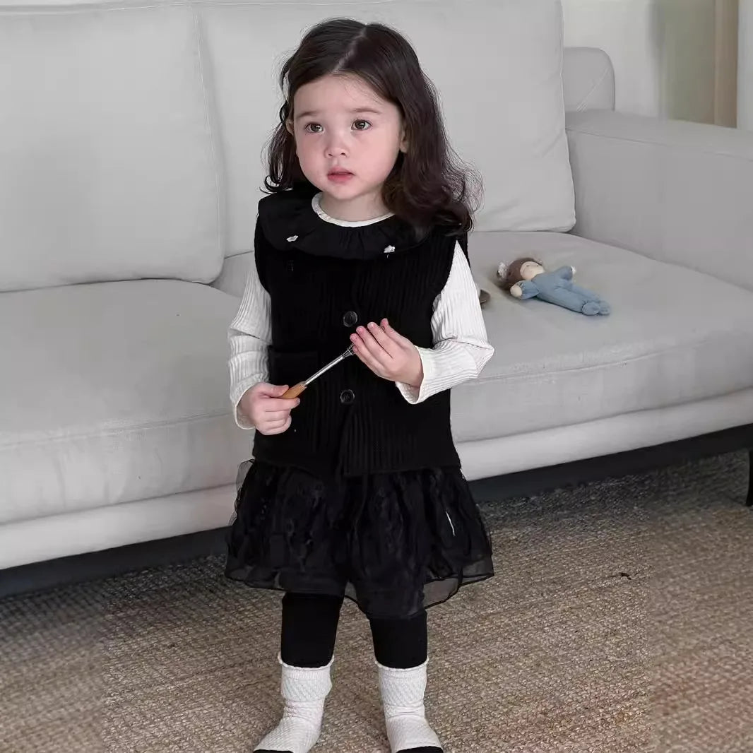 2024 herbst Neue Baby Mädchen Ärmellose Strickweste Infant Mädchen Stricken Strickjacke Kleinkind Pullover Weste Baby Spitze Leggings Kinder Kleidung