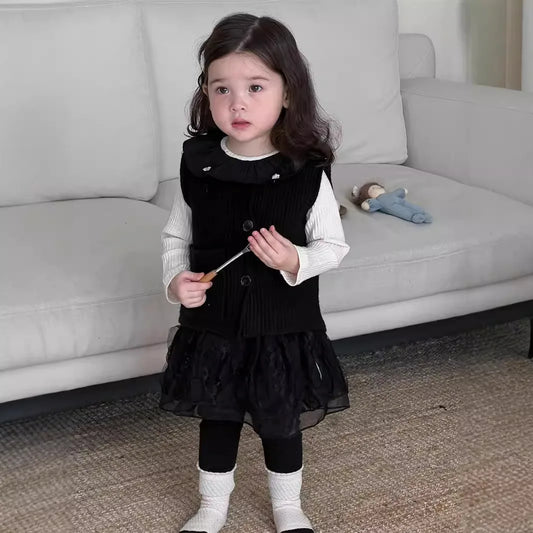 سترة محبوكة بدون أكمام جديدة لخريف 2024 للفتيات الصغيرات، سترة محبوكة للفتيات الصغيرات، سترة صوفية للأطفال الصغار، سراويل ضيقة من الدانتيل، ملابس أطفال