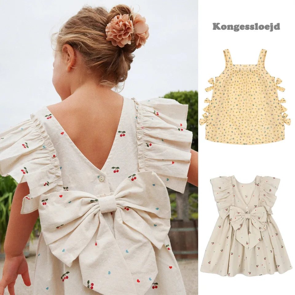 Summer Girl's Clothing  Cherry Bow Princess Dresses Toddler Girls Casual Flower Slip Dress Cotton