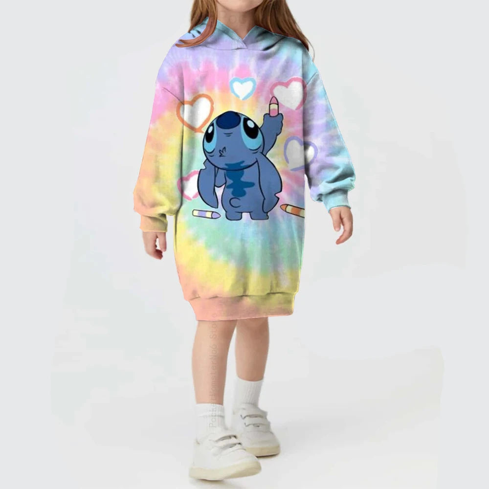 2024 Autumn and Winter Sweater Dress Christmas Disney Stitch Print Hoodie Dress Baby Girl Cute Fashion Hoodie Dress