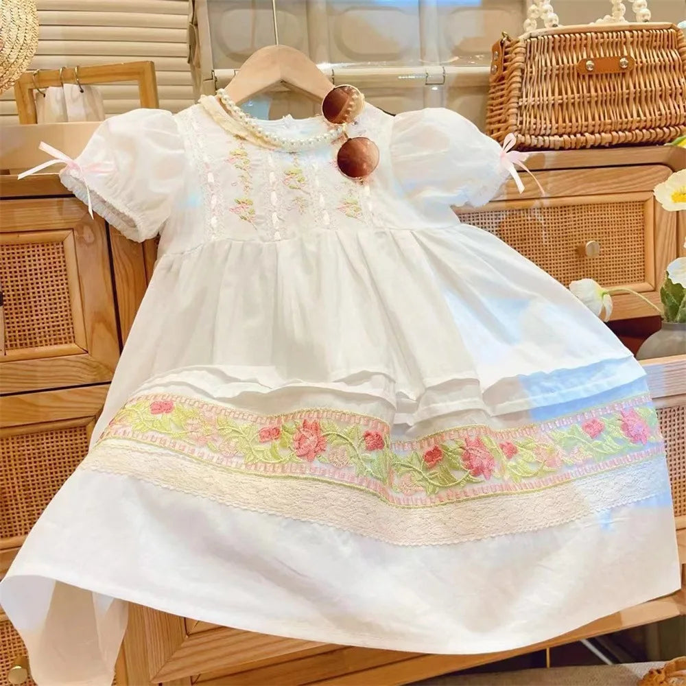 Girls Casual Dresses French Round Collar Pleated