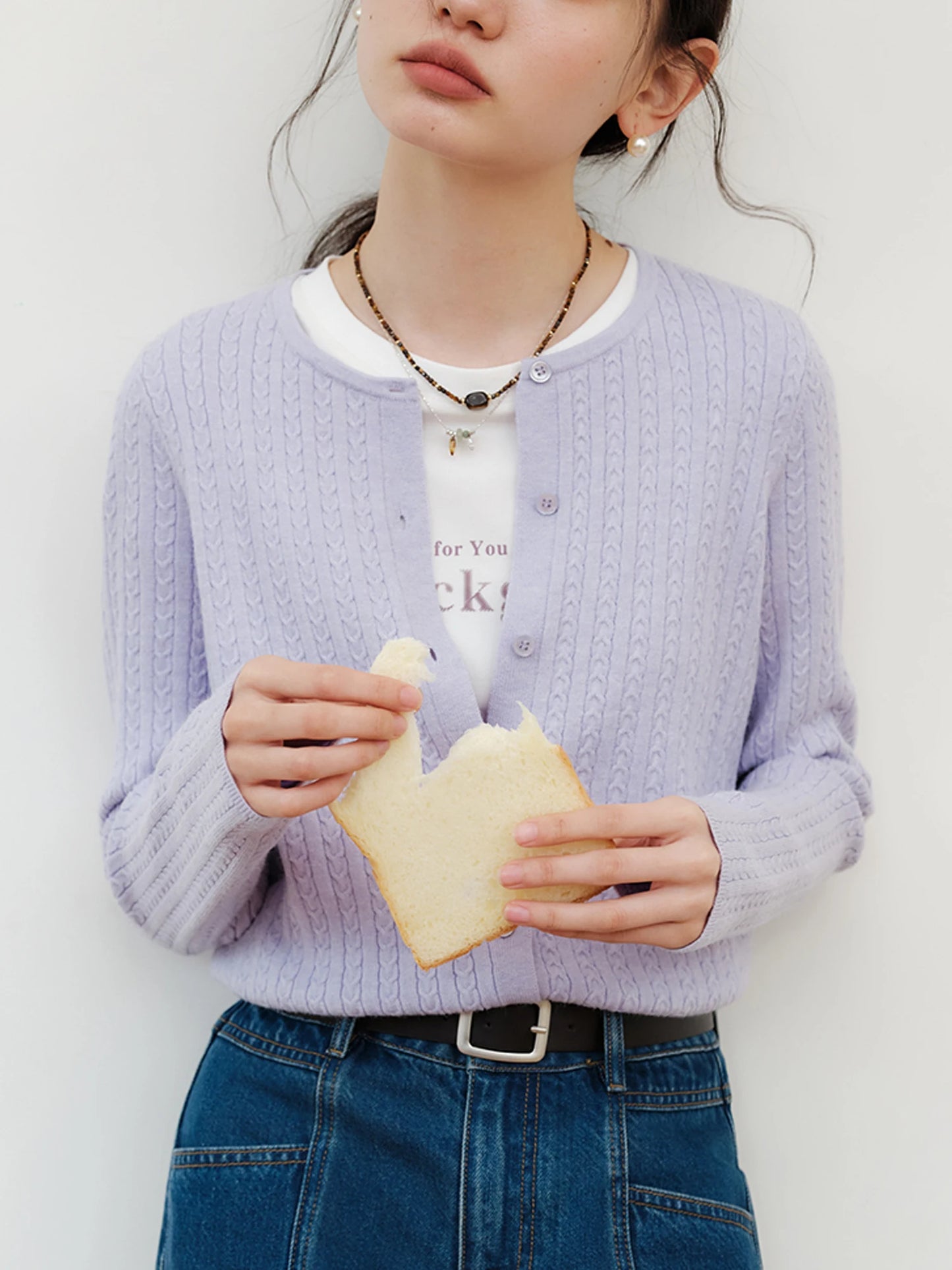 ZIQIAO Petite Purple Twisted Flower Round Neck Knitted Cardigan Women's 2024 Spring Autumn New Style Slimming and High-end Top