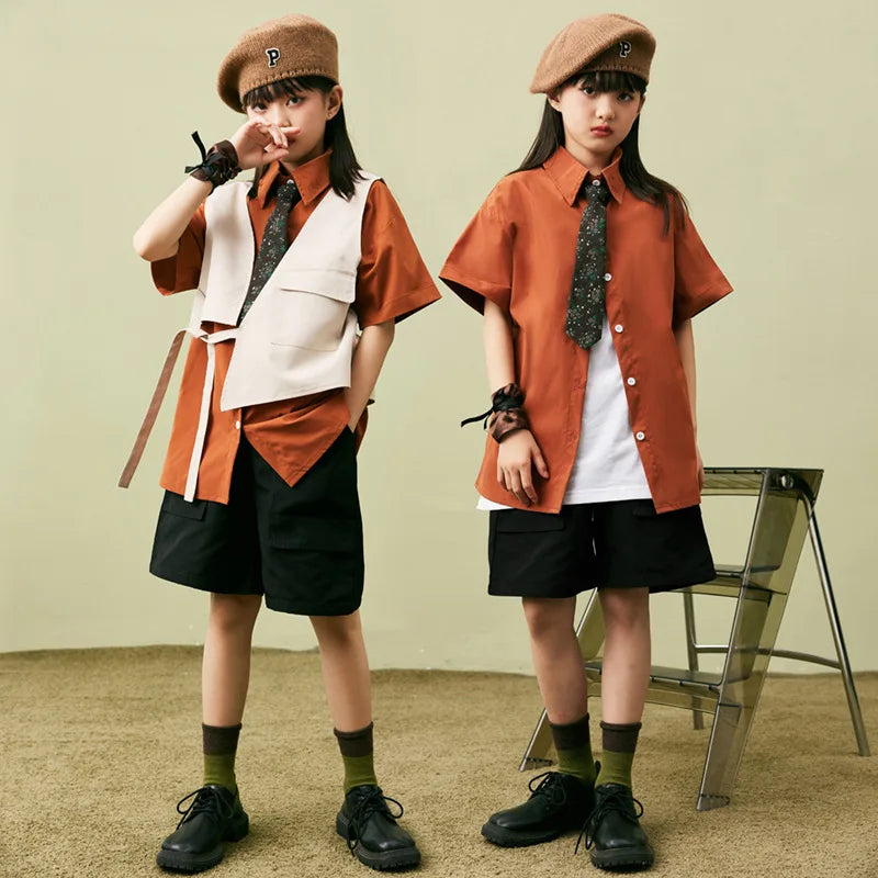 Kinder Kleidung Mädchen Jungen Sommer Neue Revers Hemd Weiße Weste Schwarz Elastische Taille Shorts 3 stücke Jazz Dance Outfit Leistung Tragen