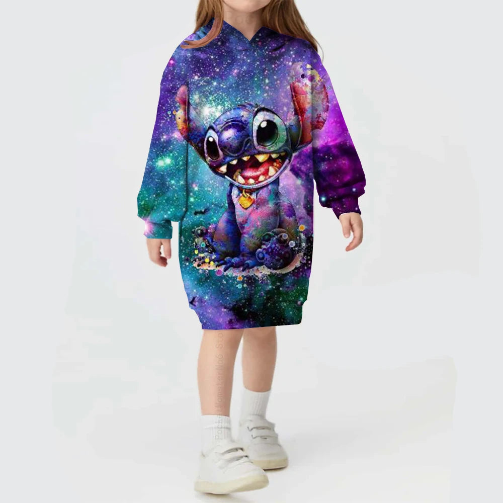 2024 Autumn and Winter Sweater Dress Christmas Disney Stitch Print Hoodie Dress Baby Girl Cute Fashion Hoodie Dress