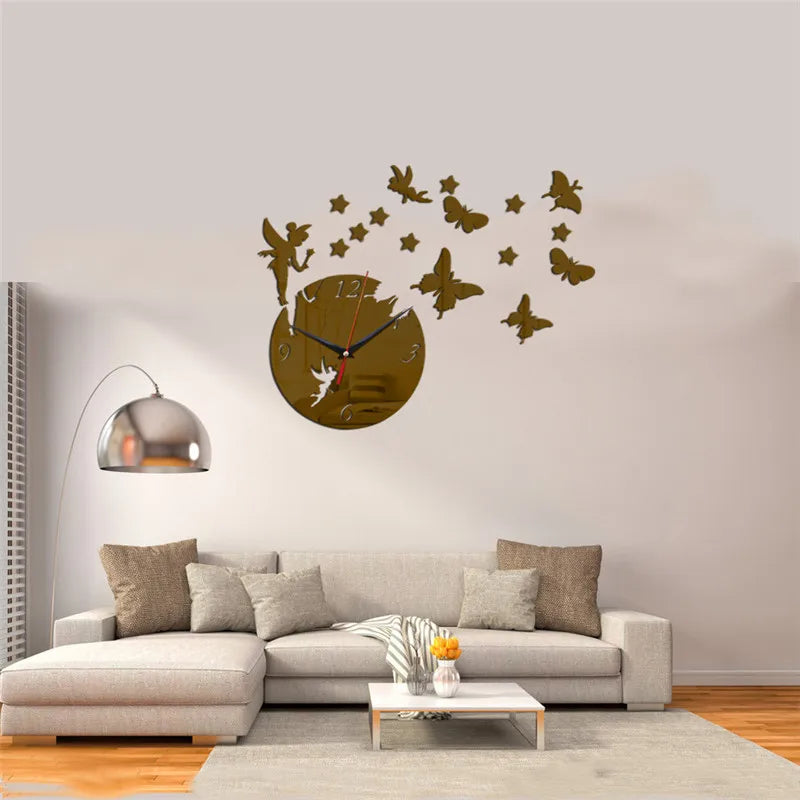 Acrylic Mirror Stickers Wall Clock Modern Design Fairy Butterfly 3D DIY Duvar Saati Clocks for Girl Gift Living Room Home Decor