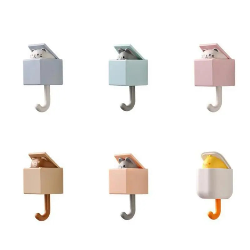 Cute Cat Wall Hooks Self Adhesive Bedroom Door Hangers Keys Towel Umbrella Coat Holder Rack Animal Home Bathroom Decoration Hook