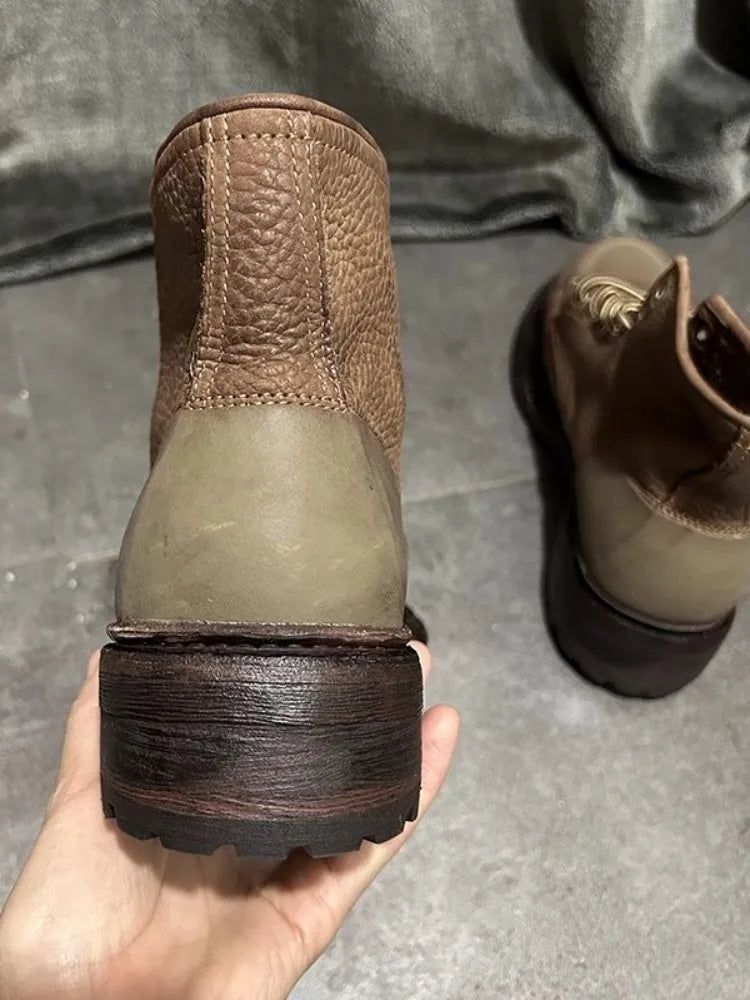 Vintage Mens Cow Genuine Leather Boots Lace Up Cargo High Top Shoes Spliced Personality High Street Mens Motorcycle Short Boots