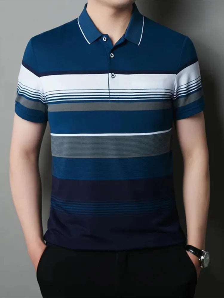 Men's Polo Shirts Korea Man Golf Shirts Summer Striped Print Button Clothing Business Style Male Streetwear Short Sleeve T-Shirt