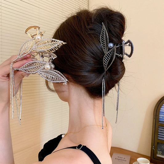 Vintage Leaf Pearl Long Tassel Hair Clip Claw For Women Rhinestone Ponytail Metal Crab Hairpins Korean Hair Accessories Female